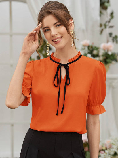 Tie Neck Flounce Sleeve Stand Collar Blouse Top