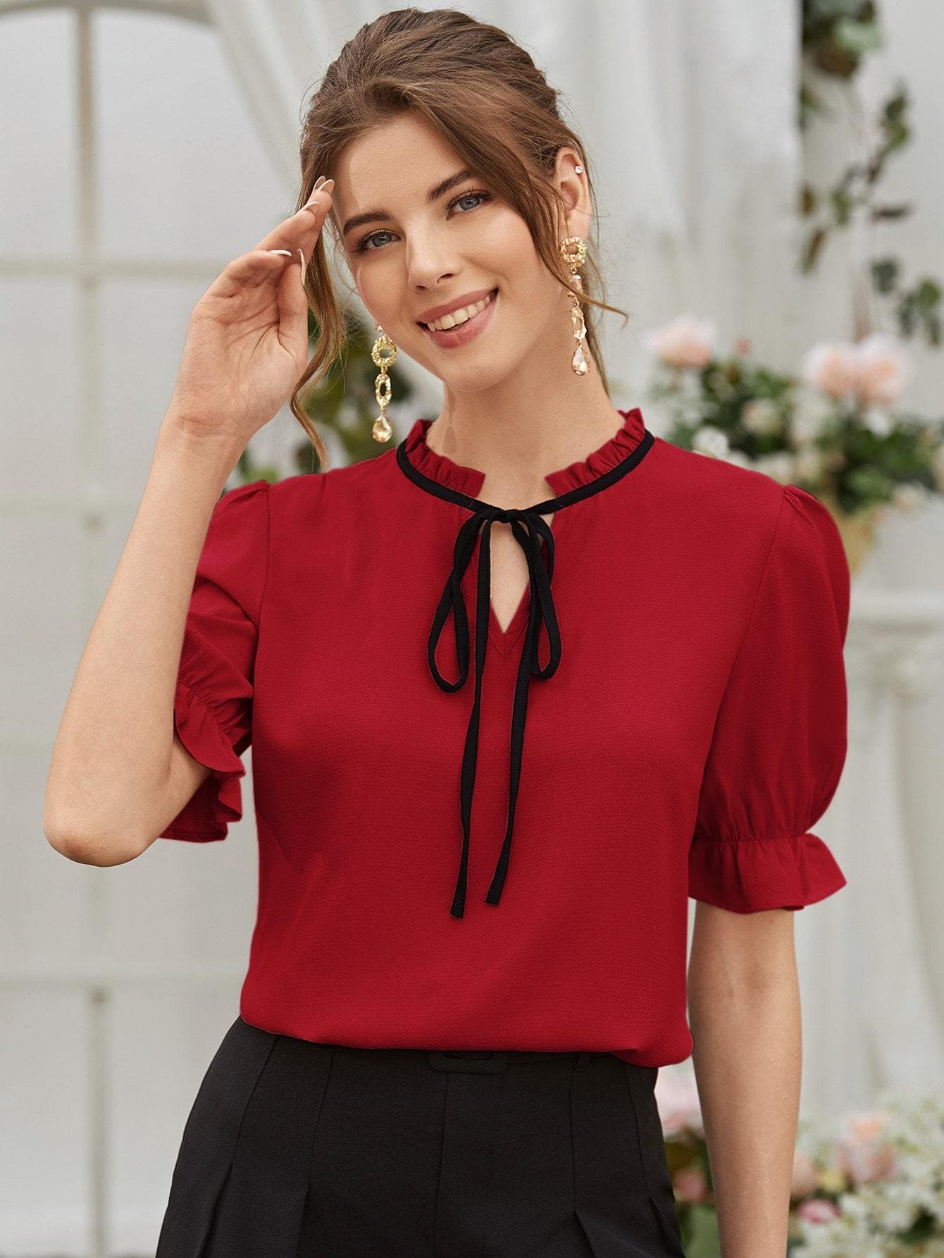 Tie Neck Flounce Sleeve Stand Collar Blouse Top