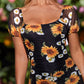 Black Square Neck Sunflower Print Ruched Mesh Slim Fit Mini Dress