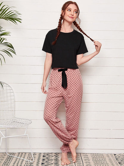 Round Neck Polka Dot Bow Detail Sleepwear Set