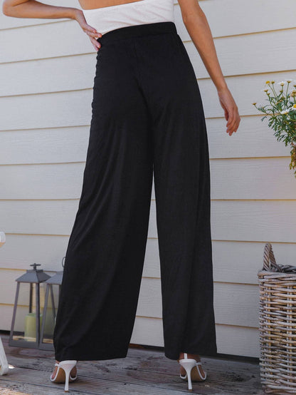 Black High Elastic Waist High Split Front Wide Leg Pants