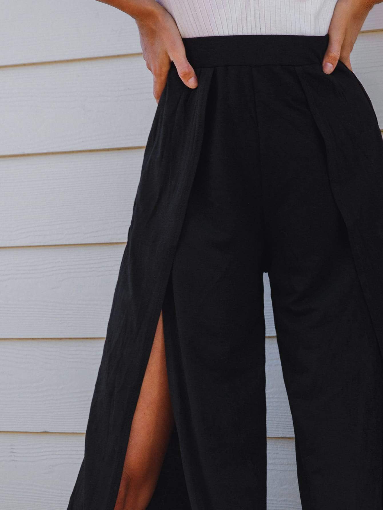 Black High Elastic Waist High Split Front Wide Leg Pants