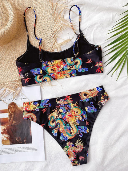 Dragon Print High Waisted Spaghetti Strap Bikini Swimwear