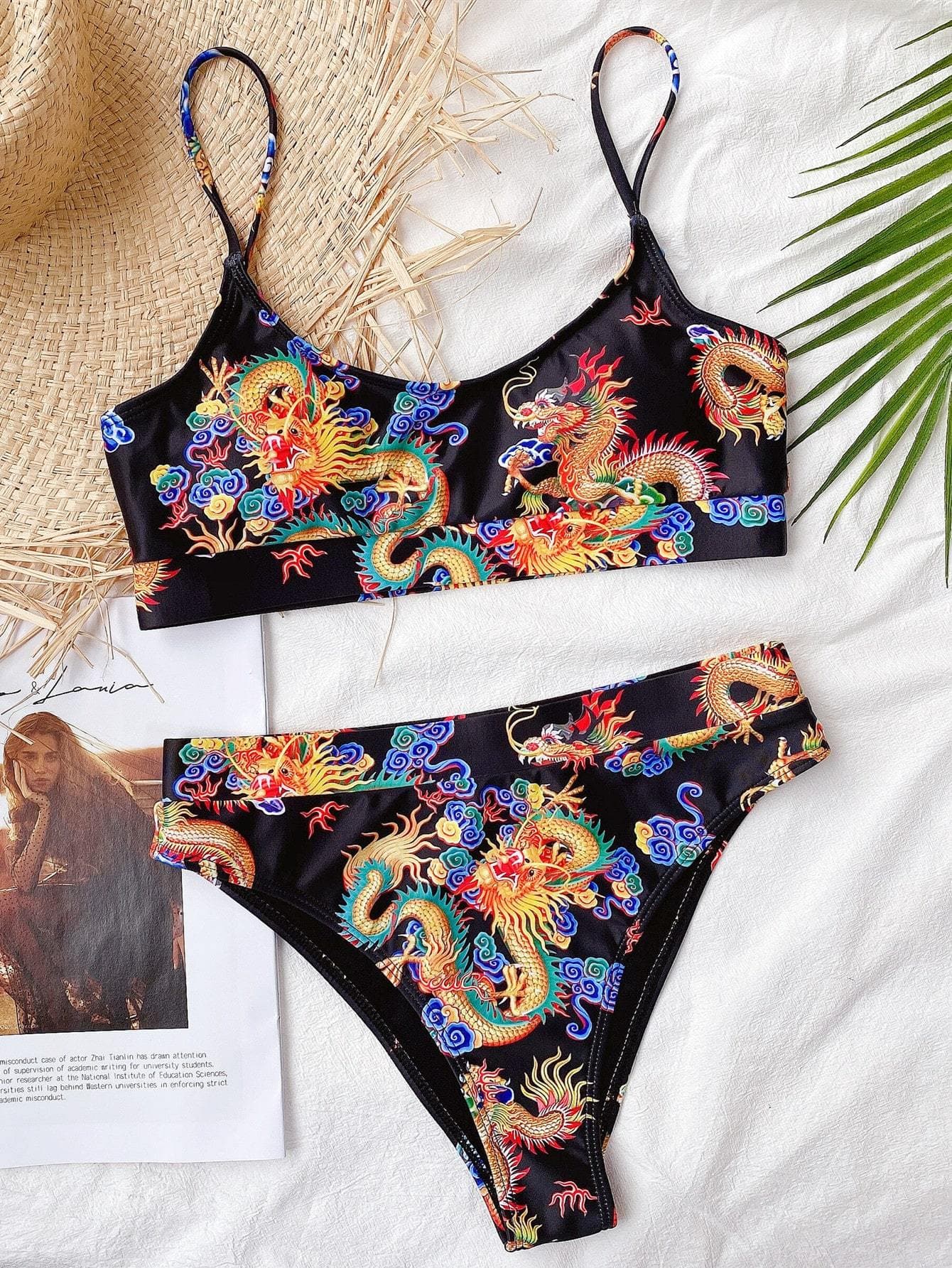 Dragon Print High Waisted Spaghetti Strap Bikini Swimwear
