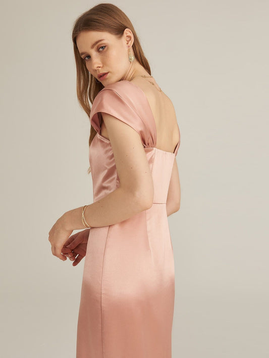 Pink Square Neck Crinkle Shoulder Wrap Hem Satin Dress