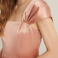 Pink Square Neck Crinkle Shoulder Wrap Hem Satin Dress