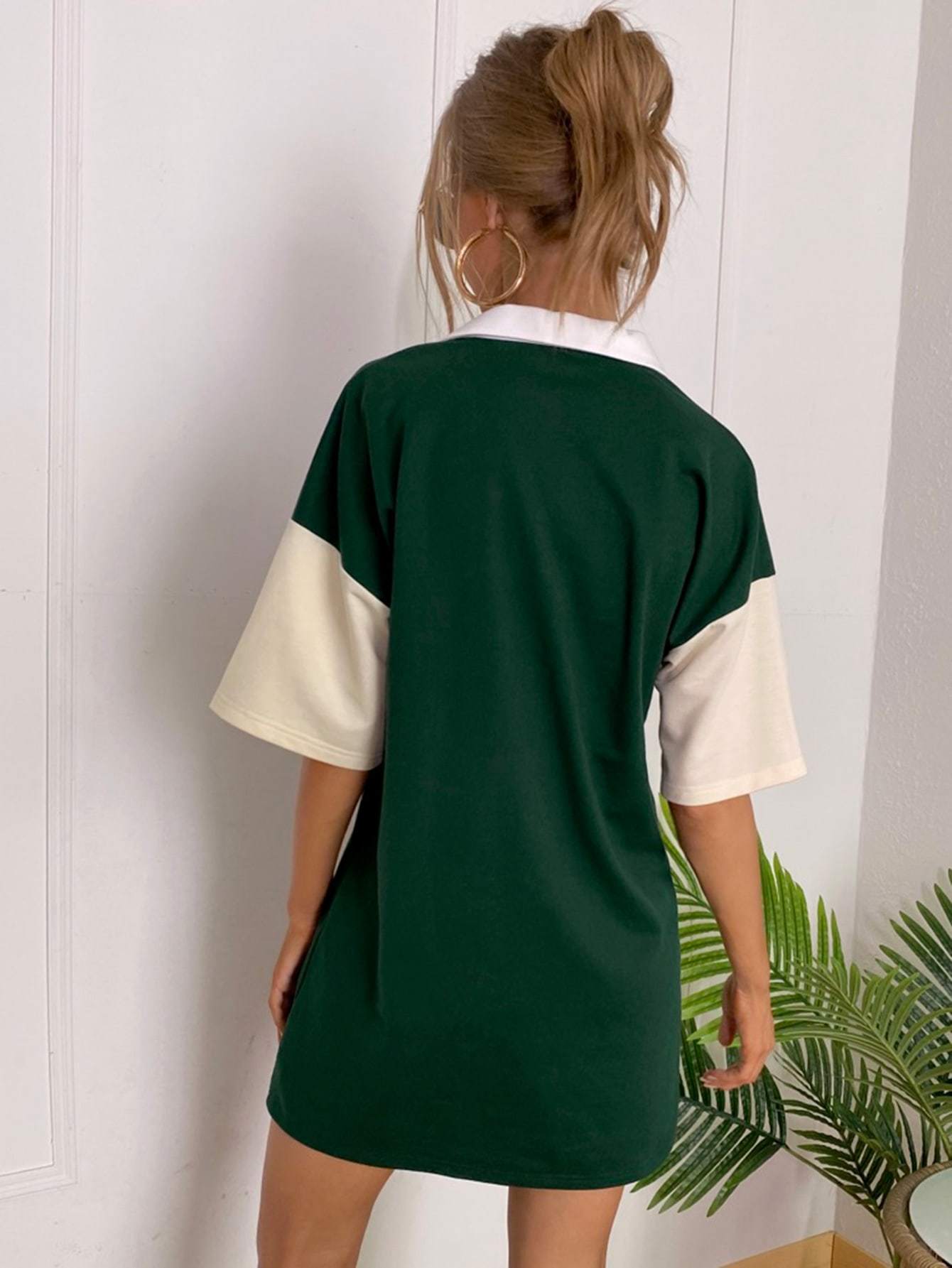 Dark Green Drop Shoulder Color-block Polo Neck Tee Dress