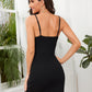 Black Spaghetti Strap Sleeveless V-bar Neck Asymmetrical Hem Rib-knit Slim Fit Dress
