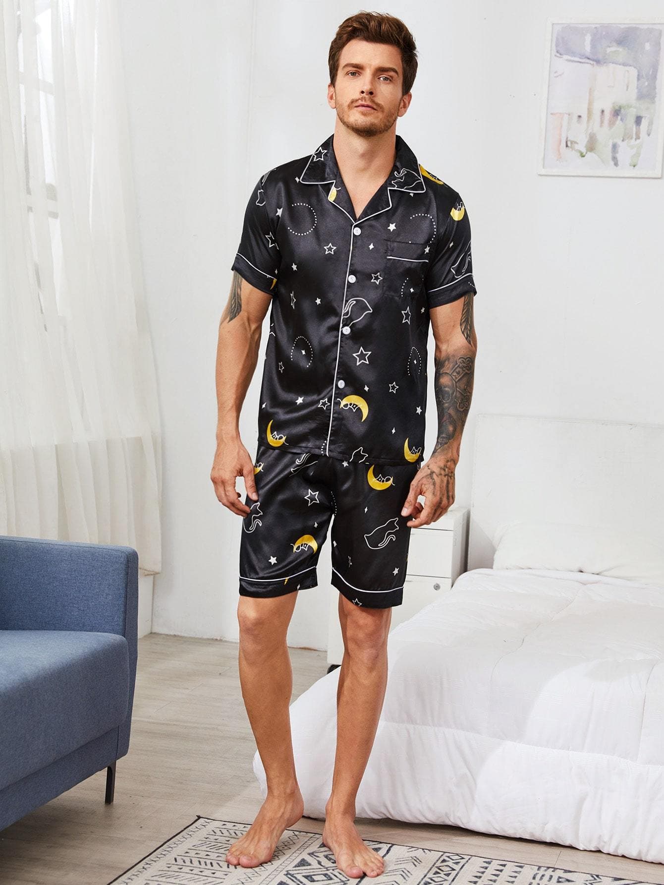 Lapel Neck Galaxy Print Satin Pyjama Sleepwear Set