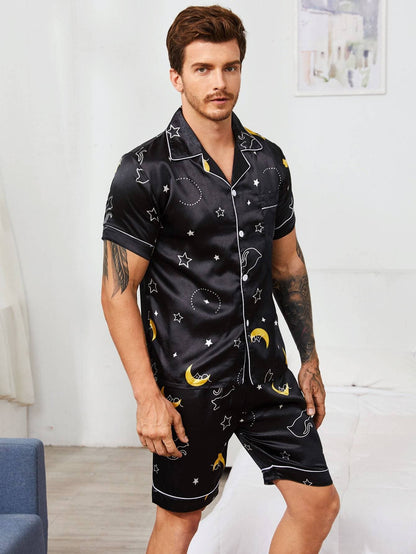 Lapel Neck Galaxy Print Satin Pyjama Sleepwear Set