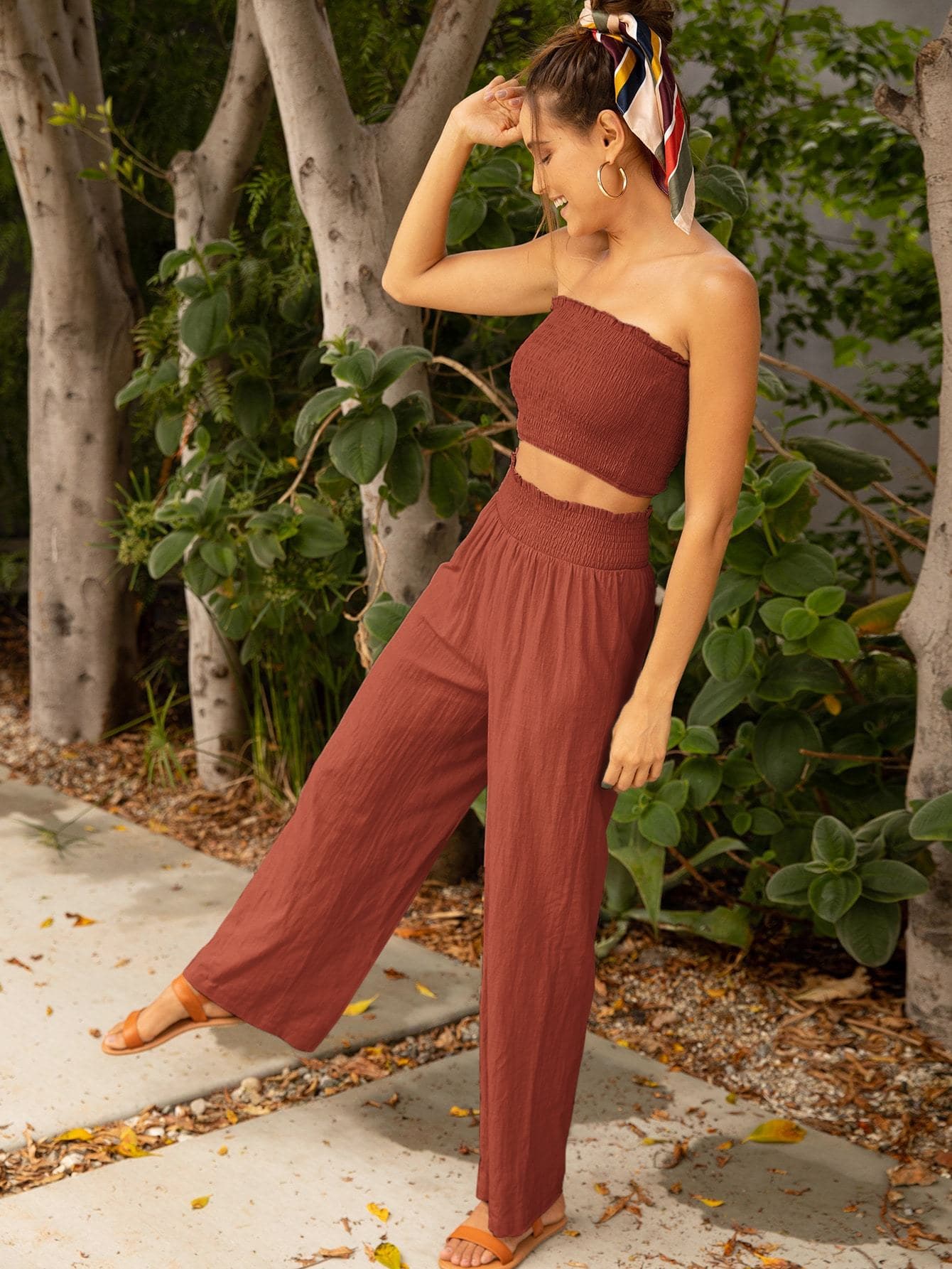 Strapless Shirred Crop Tube Top and Crinkle Pants Set