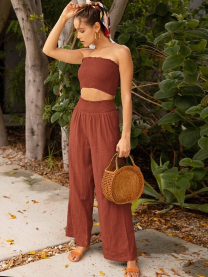 Strapless Shirred Crop Tube Top and Crinkle Pants Set