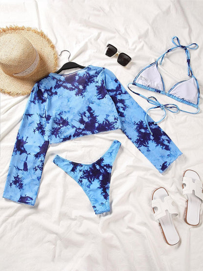 Blue Tie Dye Triangle Halter Bikini Swimwear and Crop Top