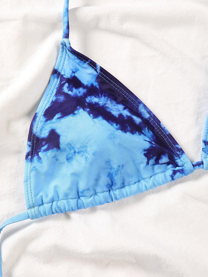 Blue Tie Dye Triangle Halter Bikini Swimwear and Crop Top