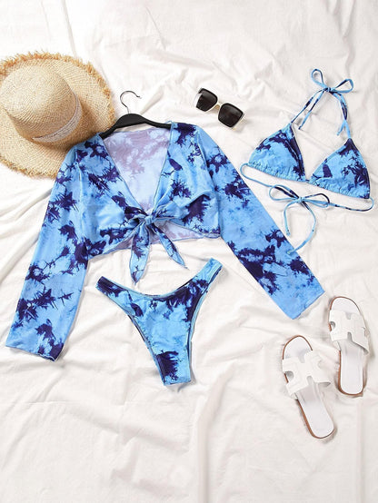 Blue Tie Dye Triangle Halter Bikini Swimwear and Crop Top