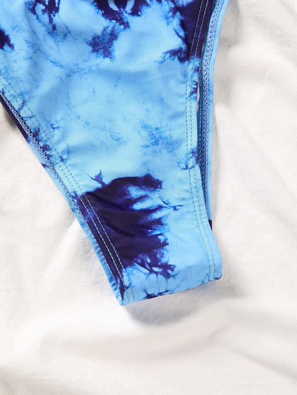 Blue Tie Dye Triangle Halter Bikini Swimwear and Crop Top