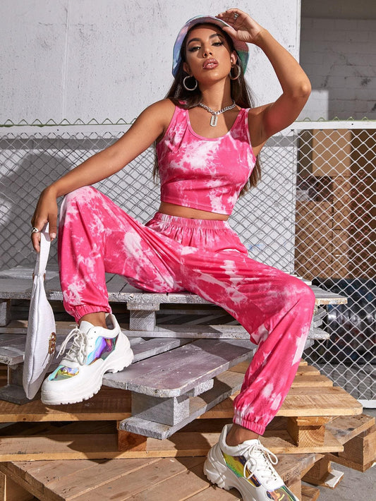 Tie-Dye Round Neck Sleeveless Cropped Tank Top and Joggers Set