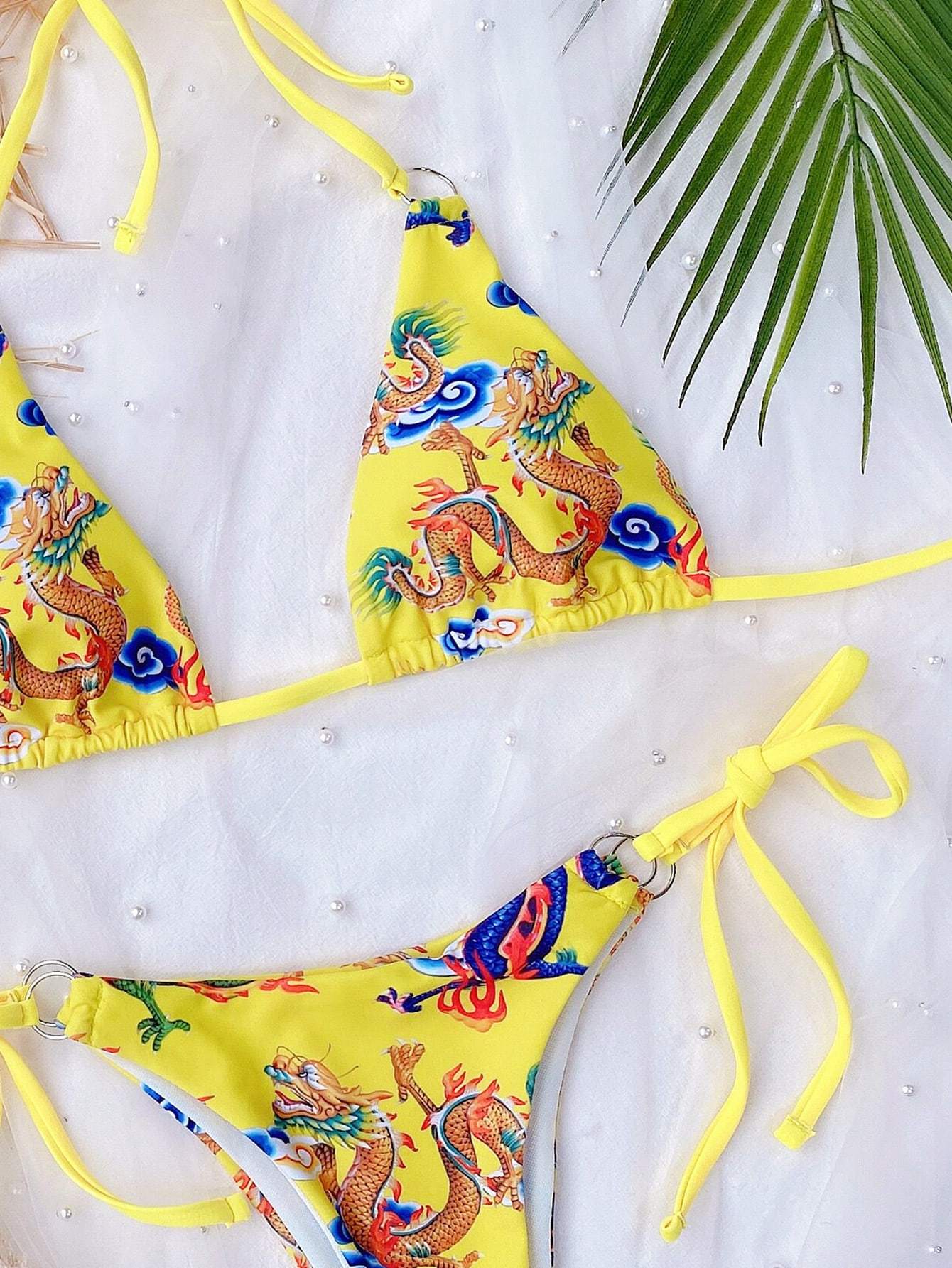 Chinese Dragon Print Triangle Tie Side Halter Neck Bikini Swimwear