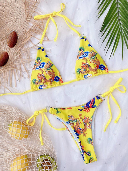 Chinese Dragon Print Triangle Tie Side Halter Neck Bikini Swimwear