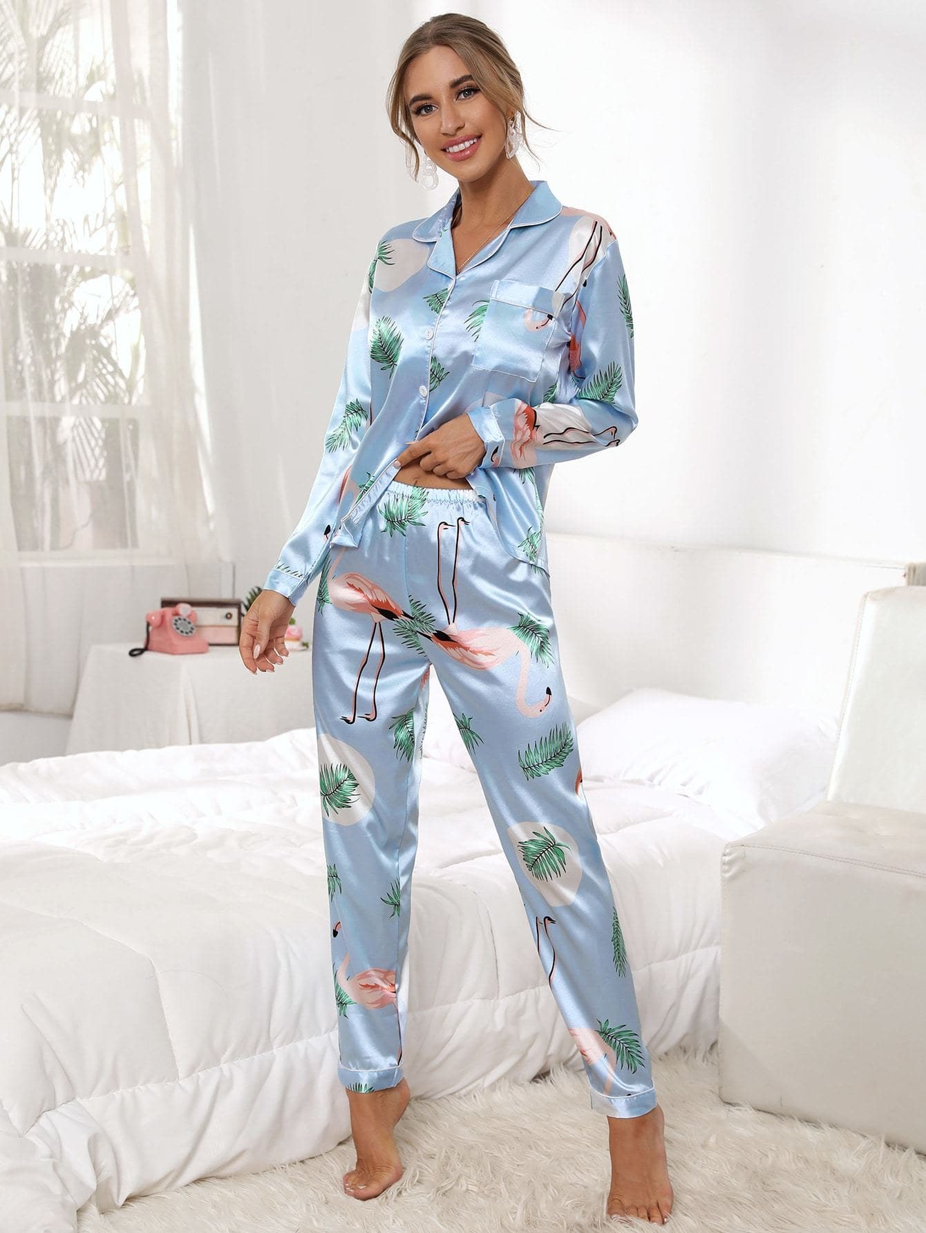 Blue Long Sleeve Tropical & Flamingo Print Satin Sleepwear Set