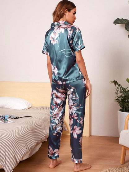 Cadet Blue Lapel Floral Print Satin Sleepwear Set