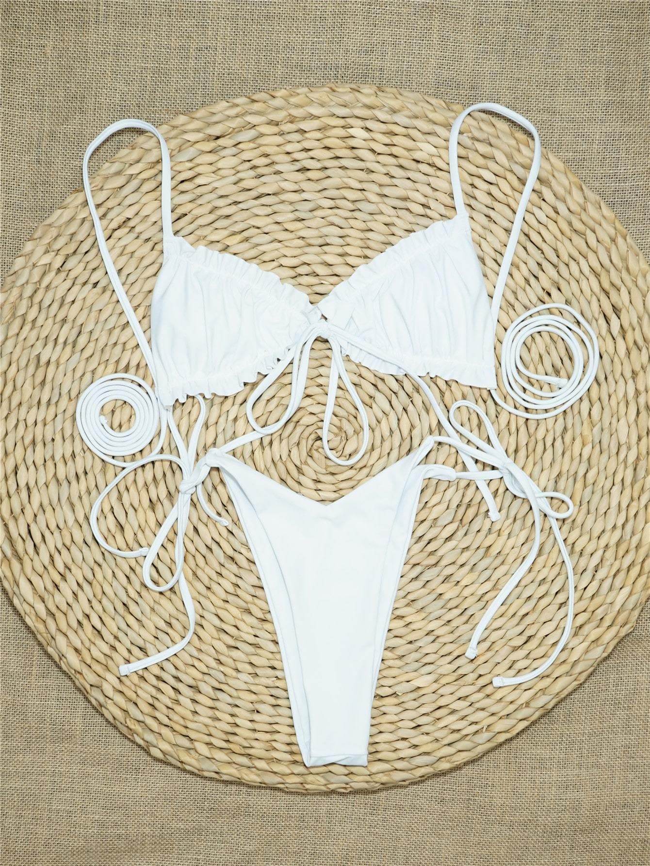 Frill Trim Triangle Tie Side Spaghetti Strap Bikini Swimsuit