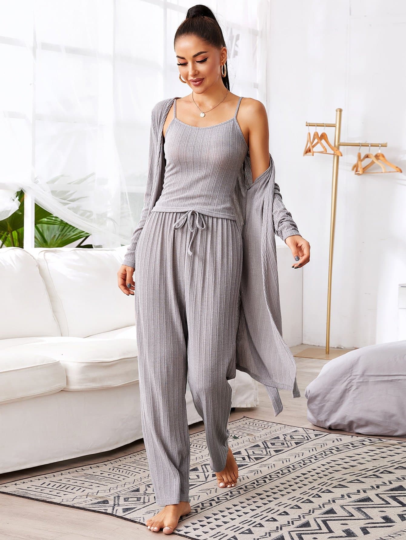 Spaghetti Strap3pcs Rib-knit Cami Top Trousers and Belted Robe