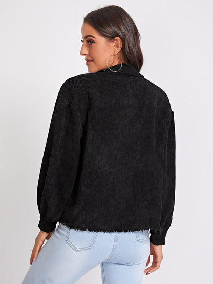 Black Drop Shoulder Single Breasted Flap Pocket Front Frayed Edge Corduroy Jacket