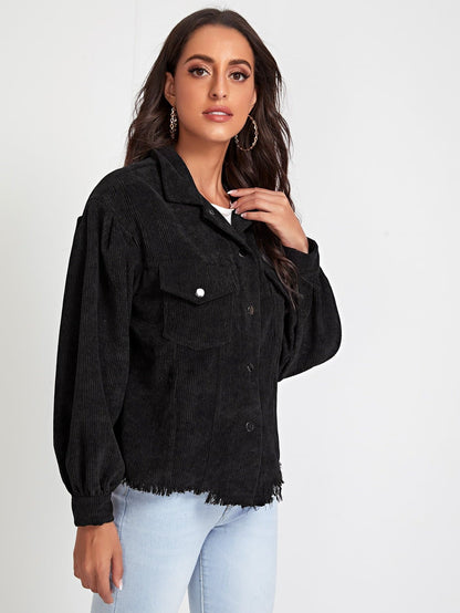 Black Drop Shoulder Single Breasted Flap Pocket Front Frayed Edge Corduroy Jacket