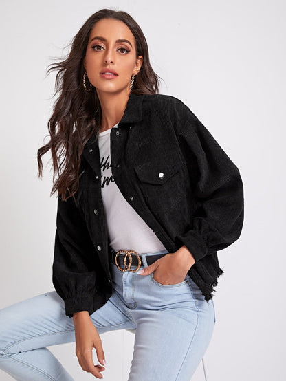 Black Drop Shoulder Single Breasted Flap Pocket Front Frayed Edge Corduroy Jacket