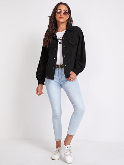 Black Drop Shoulder Single Breasted Flap Pocket Front Frayed Edge Corduroy Jacket