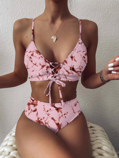 Marble Pattern Lace-up Spaghetti Strap Bikini Swimwear