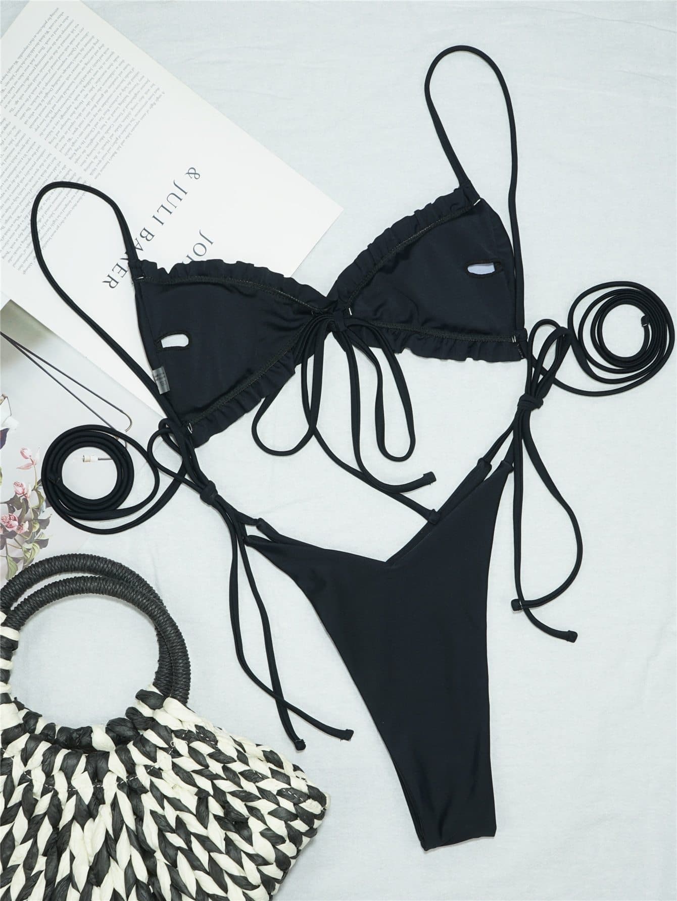 Black Spaghetti Strap Frill Trim Triangle Tie Side Bikini Swimwear