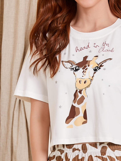 Round Neck Cartoon And Slogan Graphic Pyjama Sleepwear Set