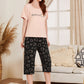 Round Neck Short Sleeve Letter and Cups Print Pyjama Sleepwear Set