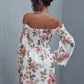 Off Shoulder Flounce Sleeve Frill Trim Shirred Floral Short Dress