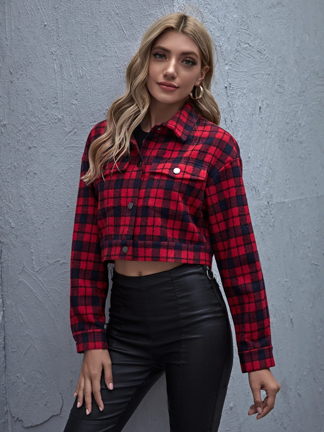 Single Breasted Drop Shoulder Collared Press Buttoned Flap Pocket Front Plaid Jacket