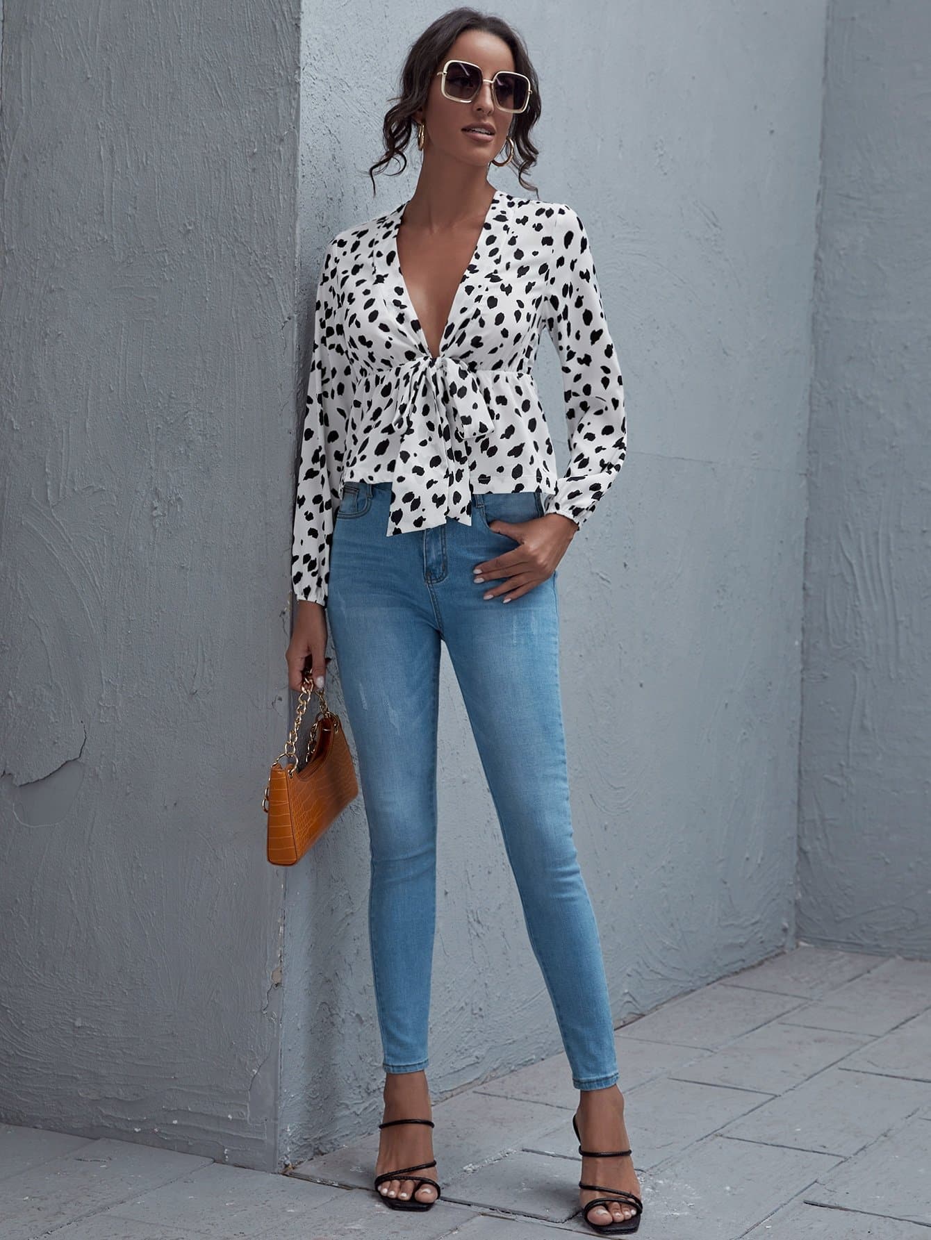 White Deep V Neck Dalmatian Print Tie Front Peplum Top Wear.Style