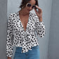 White Deep V-Neck Dalmatian Print Tie Front Peplum Top