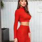 Slim Fit Red Stand Collar Cable Knit Crop Top and Split Side Skirt Set