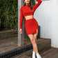 Slim Fit Red Stand Collar Cable Knit Crop Top and Split Side Skirt Set