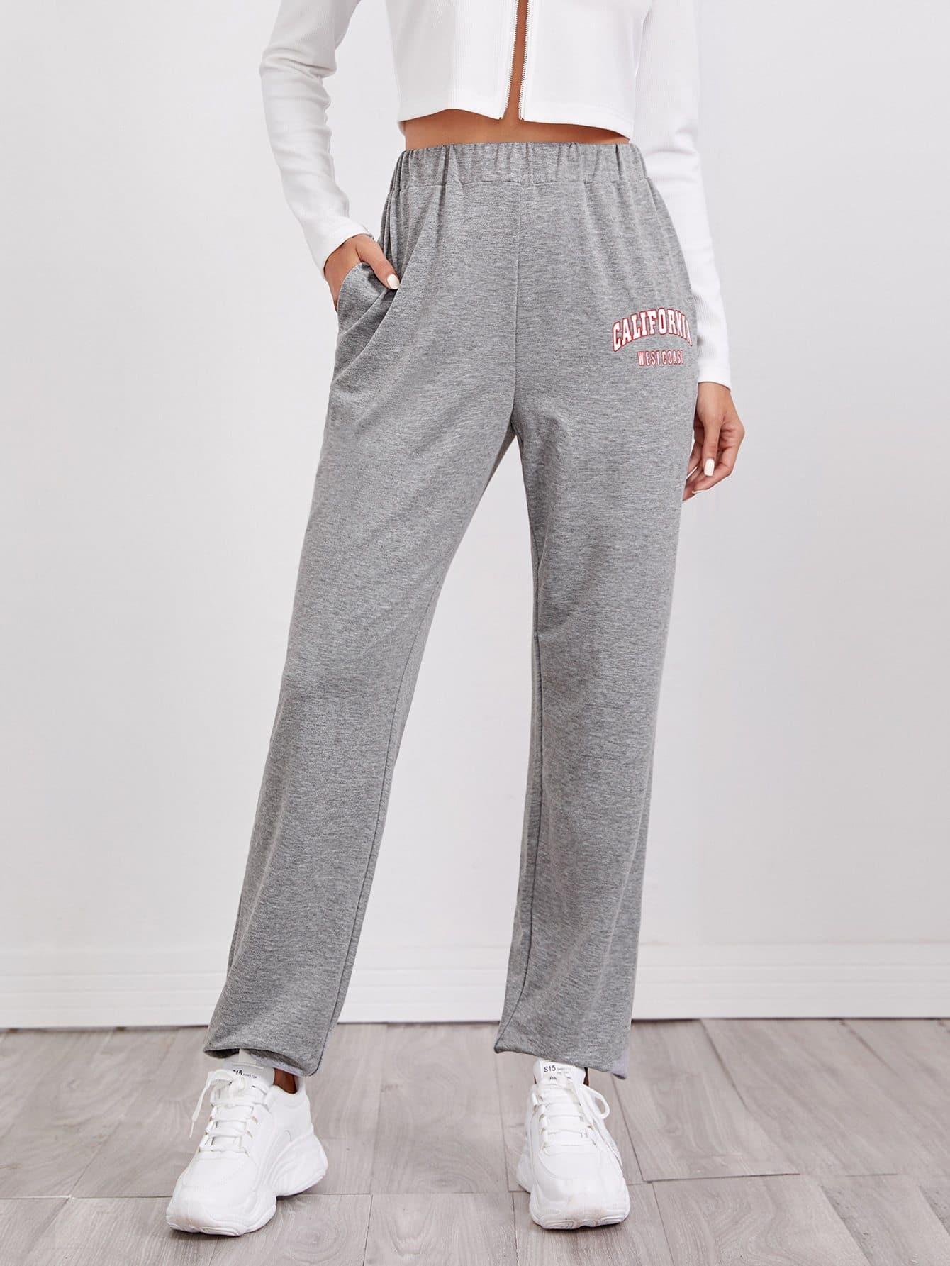 Sporty High Elastic Waist Letter Graphic Slant Pocket Joggers Sweatpants