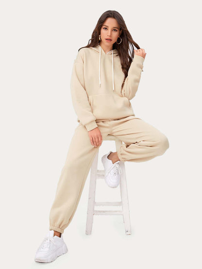 Drop Shoulder Pouch Pocket Drawstring Hoodie and Joggers Set