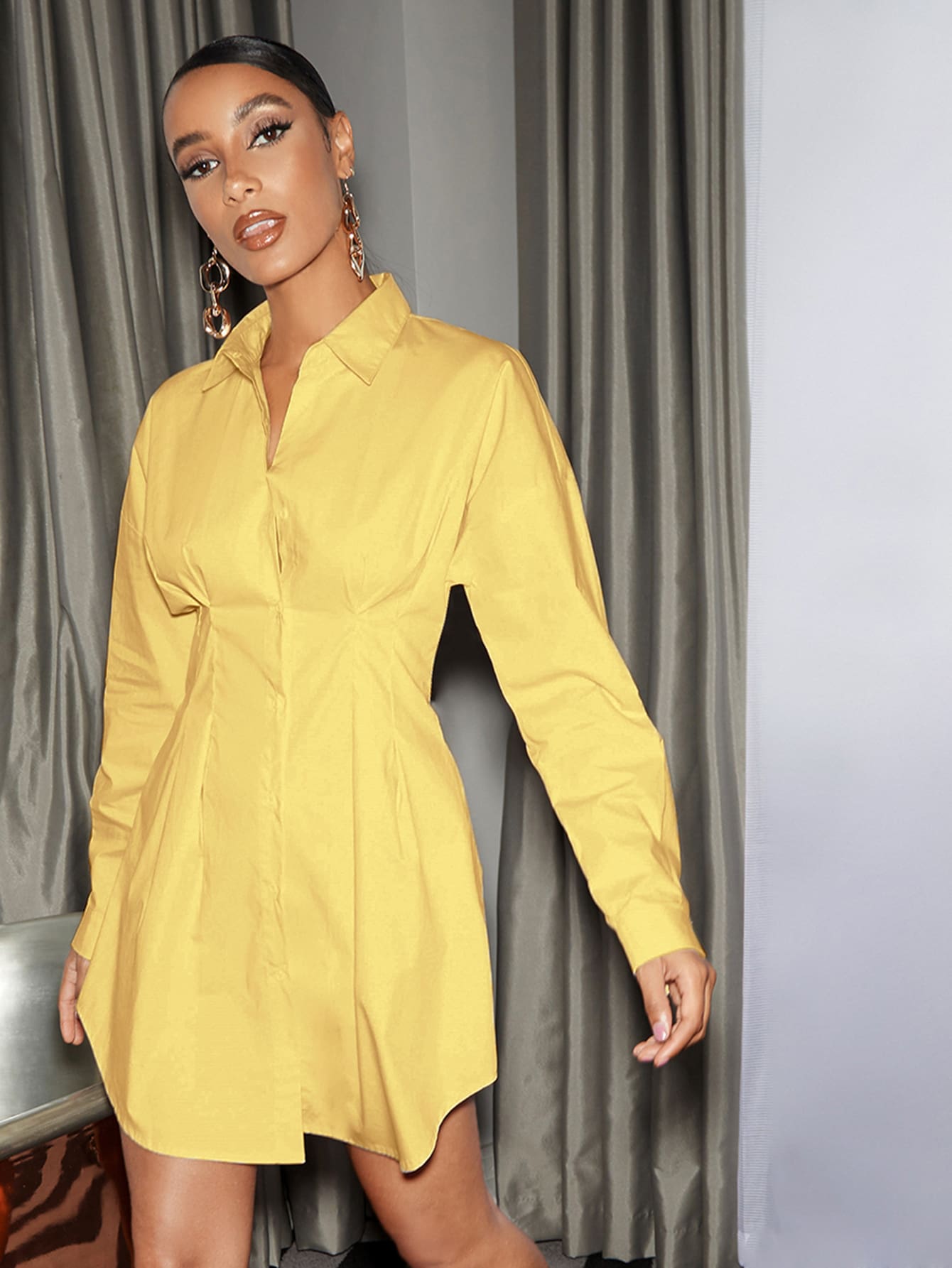 Drop Shoulder High Waist Button Front Ruched Waist Dress - Yellow