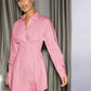 Drop Shoulder High Waist Button Front Ruched Waist Dress - Pink