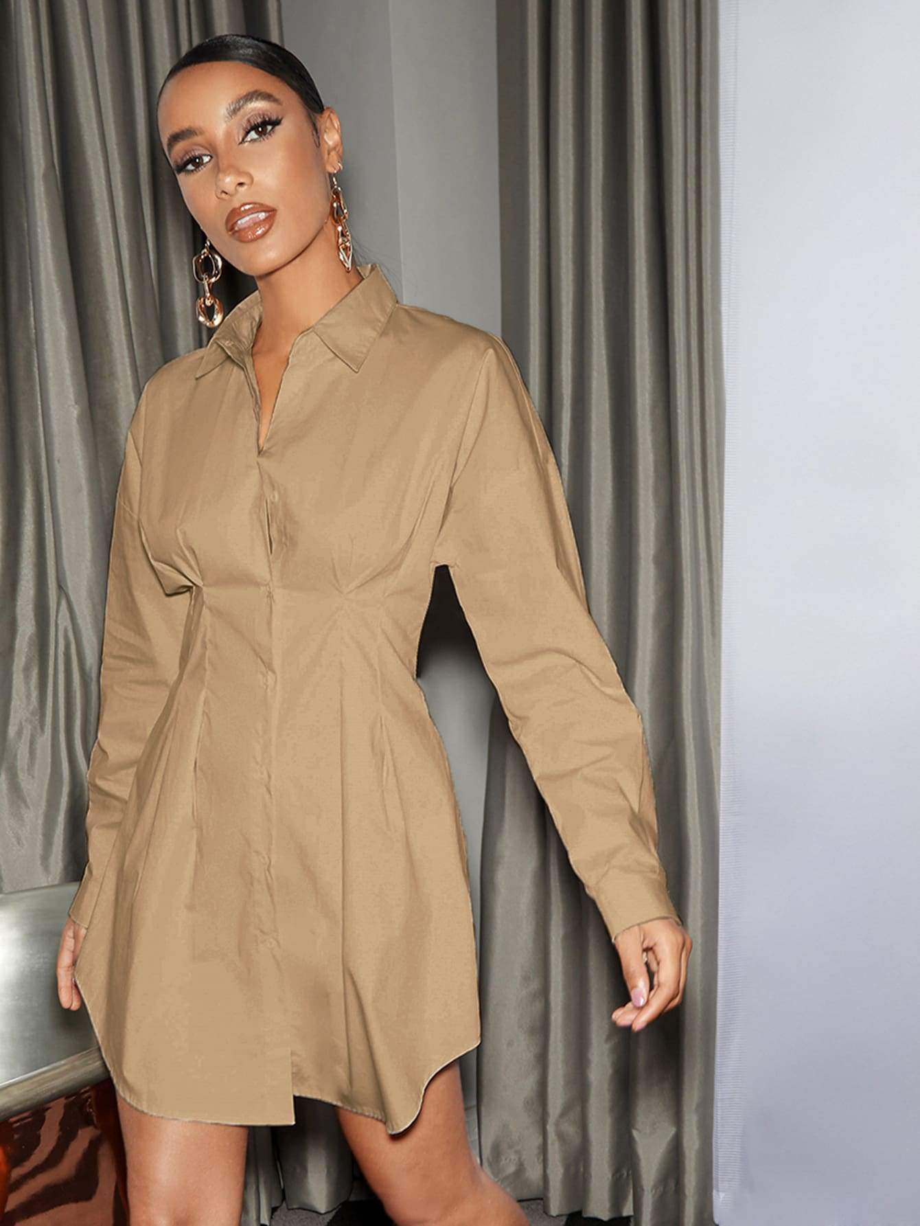 Drop Shoulder High Waist Button Front Ruched Waist Dress - Khakhi