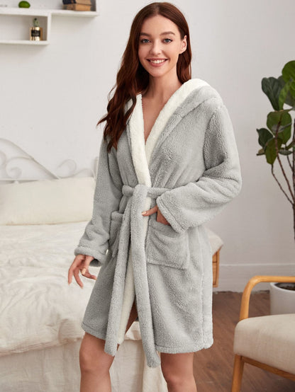 Dual Pocket Belted Hooded Flannel Robe