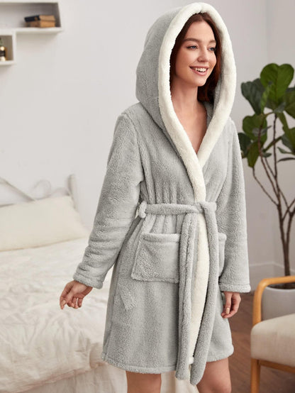 Dual Pocket Belted Hooded Flannel Robe