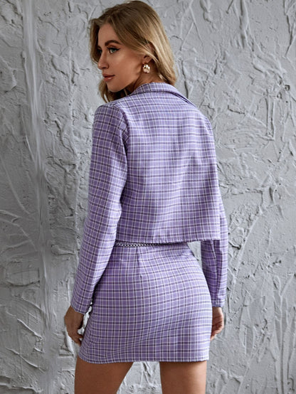 Lialic Purple Flap Detail Plaid Jacket and Zipper Front Skirt Set