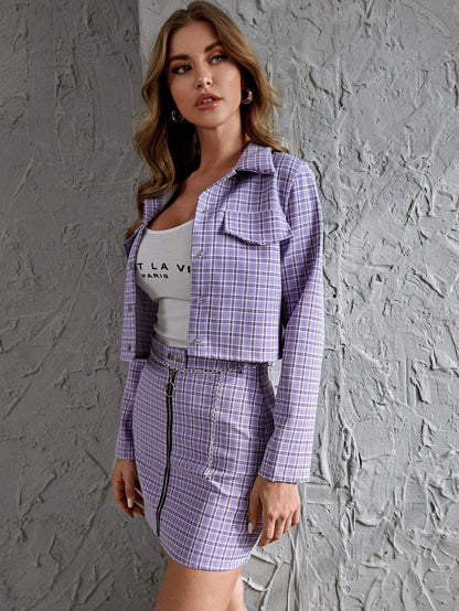 Lialic Purple Flap Detail Plaid Jacket and Zipper Front Skirt Set